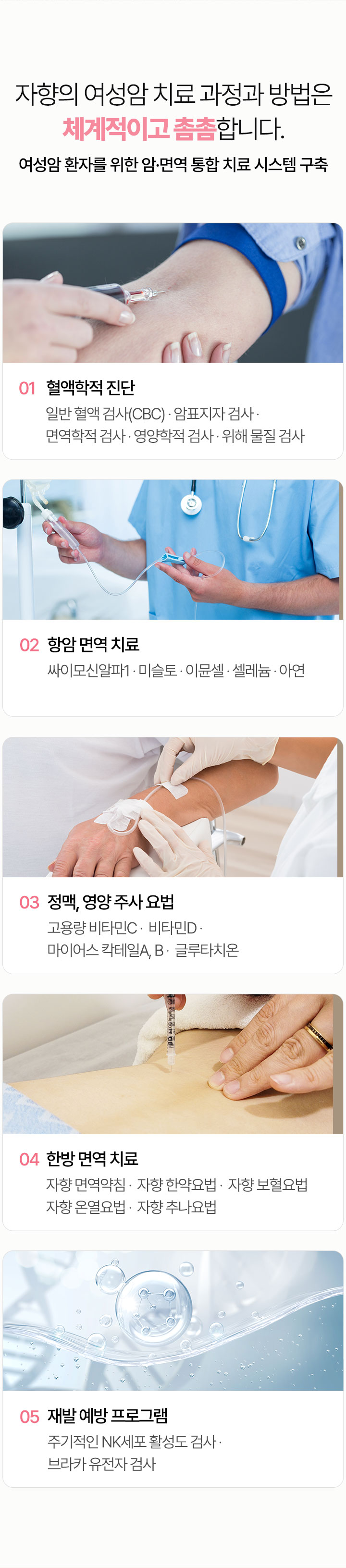 혈액학적 진단, 항암 면역 치료, 정맥, 영양 주사 요법, 한방 면역 치료, 재발 예방 프로그램
