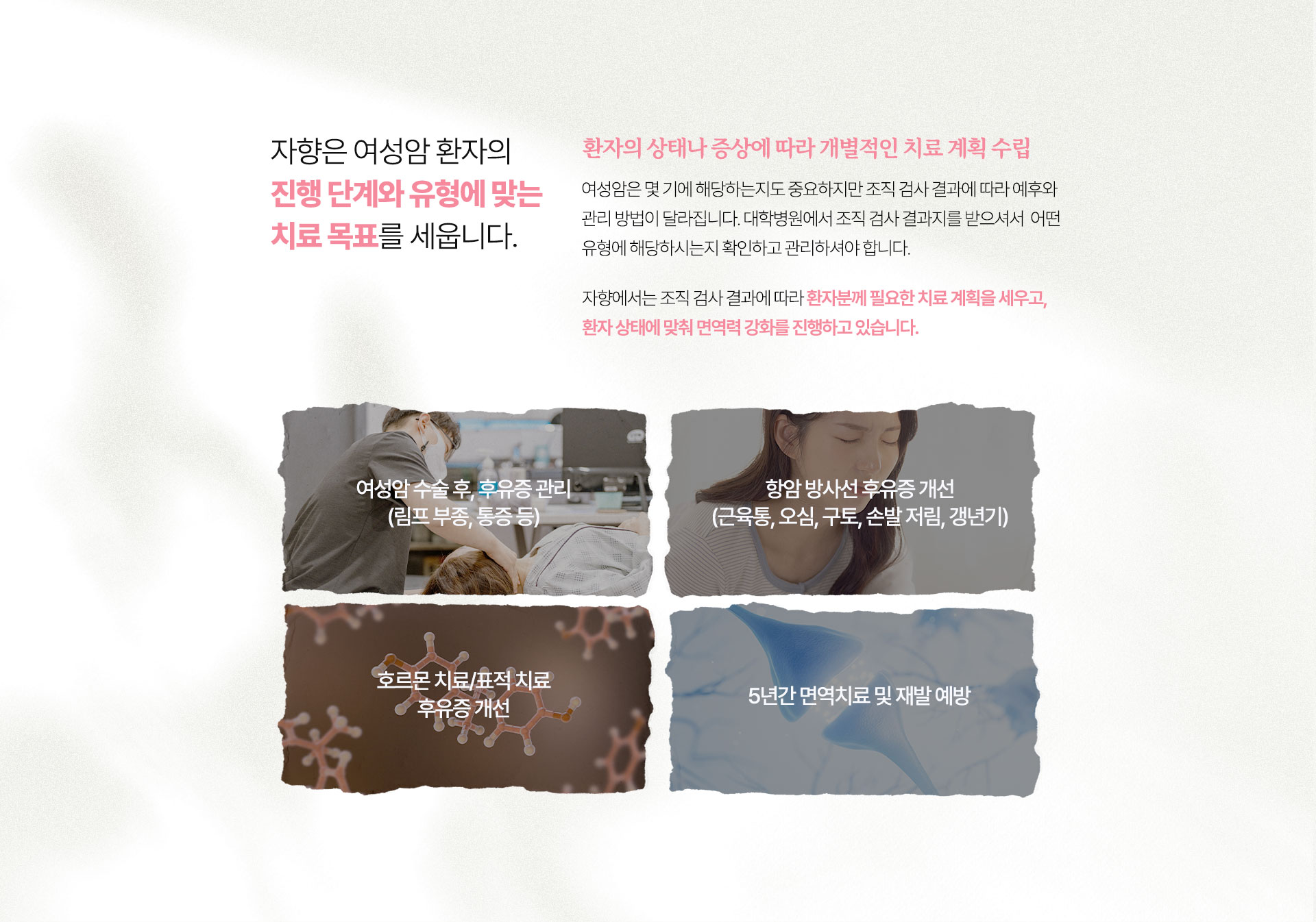 여성암 환자의 진행 단계와 유형에 맞는 치료 목표를 세웁니다.