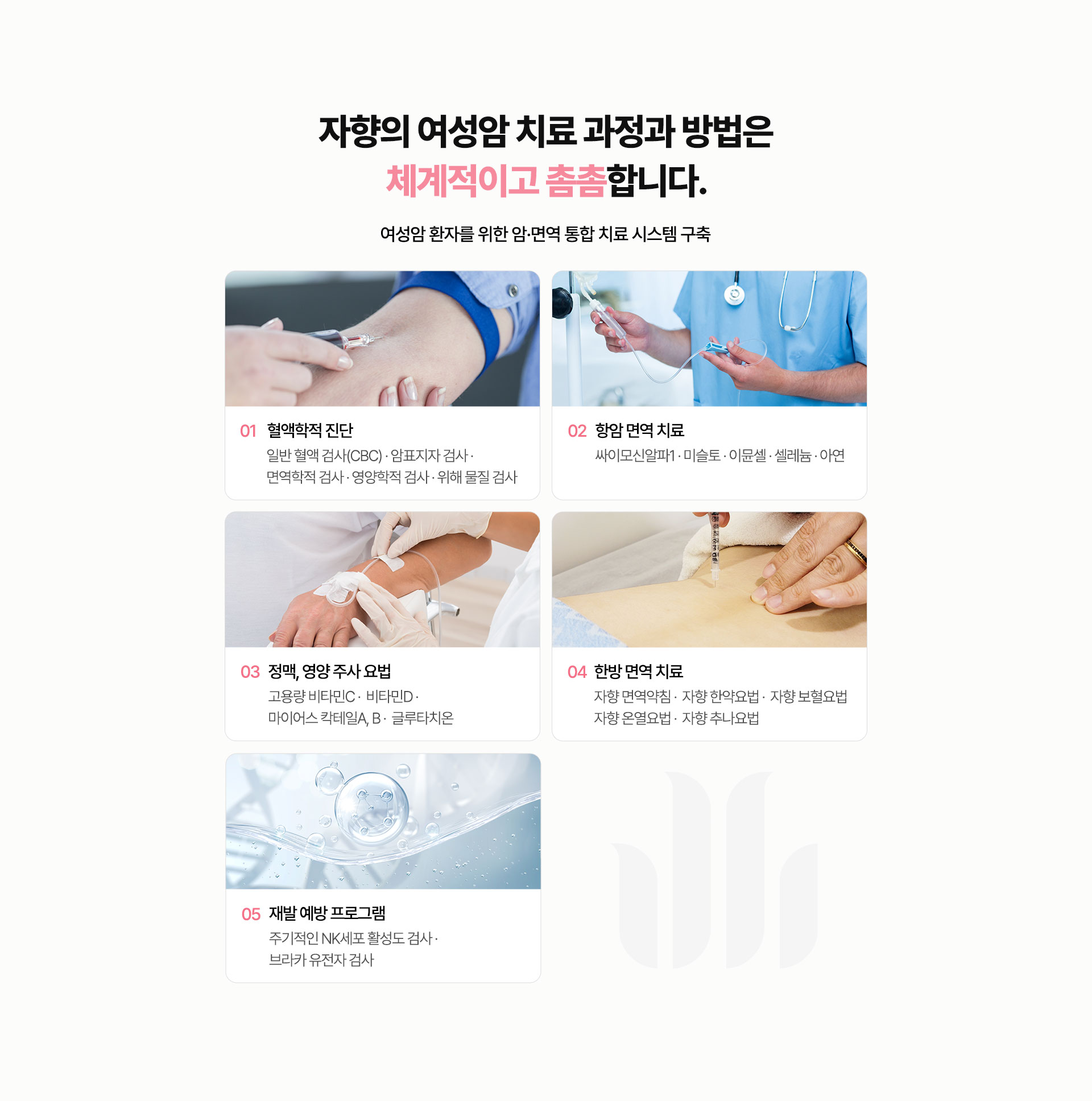 혈액학적 진단, 항암 면역 치료, 정맥, 영양 주사 요법, 한방 면역 치료, 재발 예방 프로그램