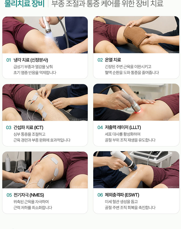 부종 조절과 통증 케어를 위한 장비 치료. 냉각 치료 (신장분사), 온열 치료, 간섭파 치료 (ICT), 저출력 레이저 (LLLT), 전기자극 (NMES), 체외충격파 (ESWT)