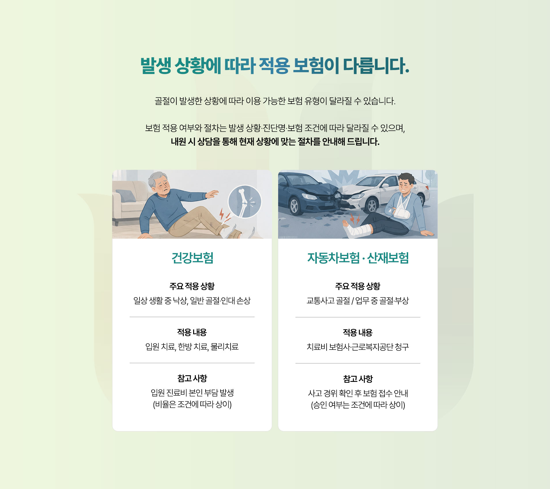 발생 상황에 따라 적용 보험이 다릅니다. 건강보험, 자동차보험, 산재보험. 내원 시 상담을 통해 절차를 안내합니다.