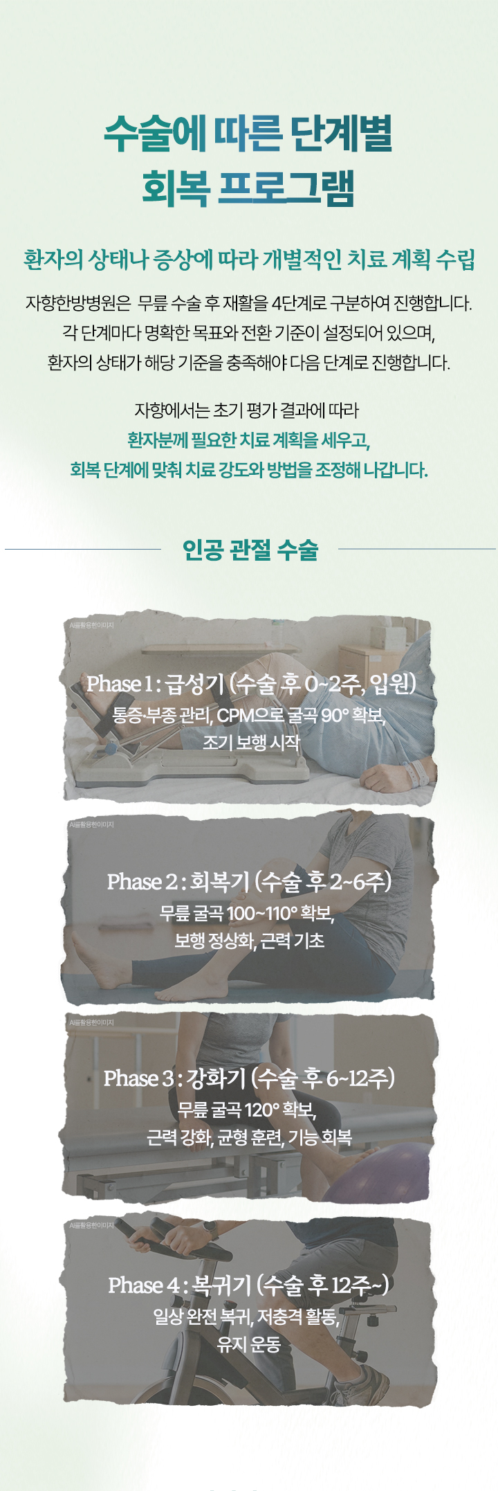 환자의 상태나 증상에 따라 개별적인 치료 계획을 수립하고 회복 단계에 맞춰 치료 강도와 방법을 조정해 나갑니다. 