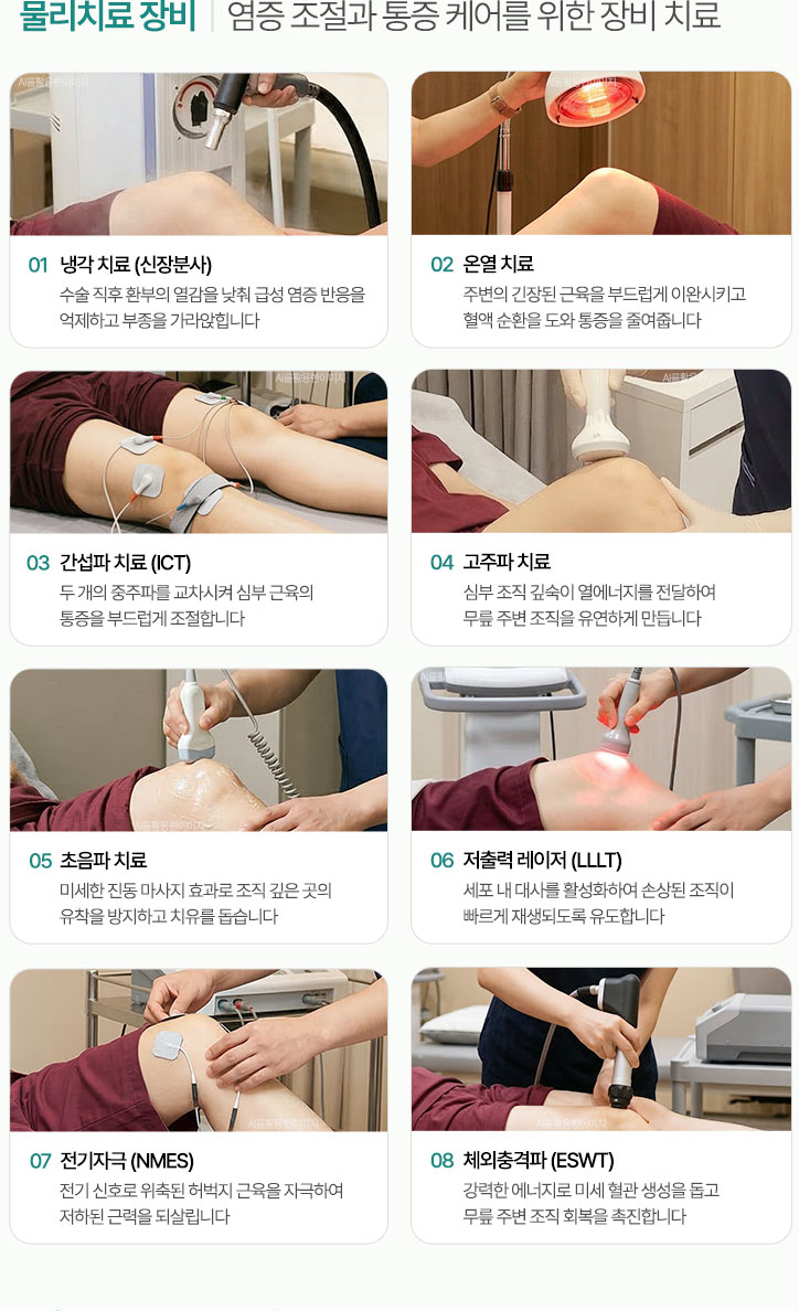 염증 조절과 통증 케어를 위한 장비 치료. 냉각 치료 (신장분사), 온열 치료, 간섭파 치료 (ICT), 고주파 치료, 초음파 치료, 저출력 레이저 (LLLT), 전기자극 (NMES), 체외충격파 (ESWT)