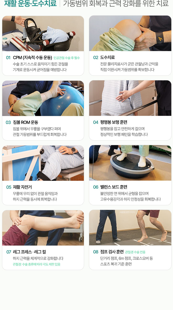 관절 가동범위 회복과 근력 강화를 위한 운동 치료. CPM (지속적 수동 운동), 도수치료, 짐볼 ROM 운동, 평행봉 보행 훈련, 재활 자전거, 밸런스 보드 훈련, 레그 프레스, 레그 컬, 점프 검사 훈련