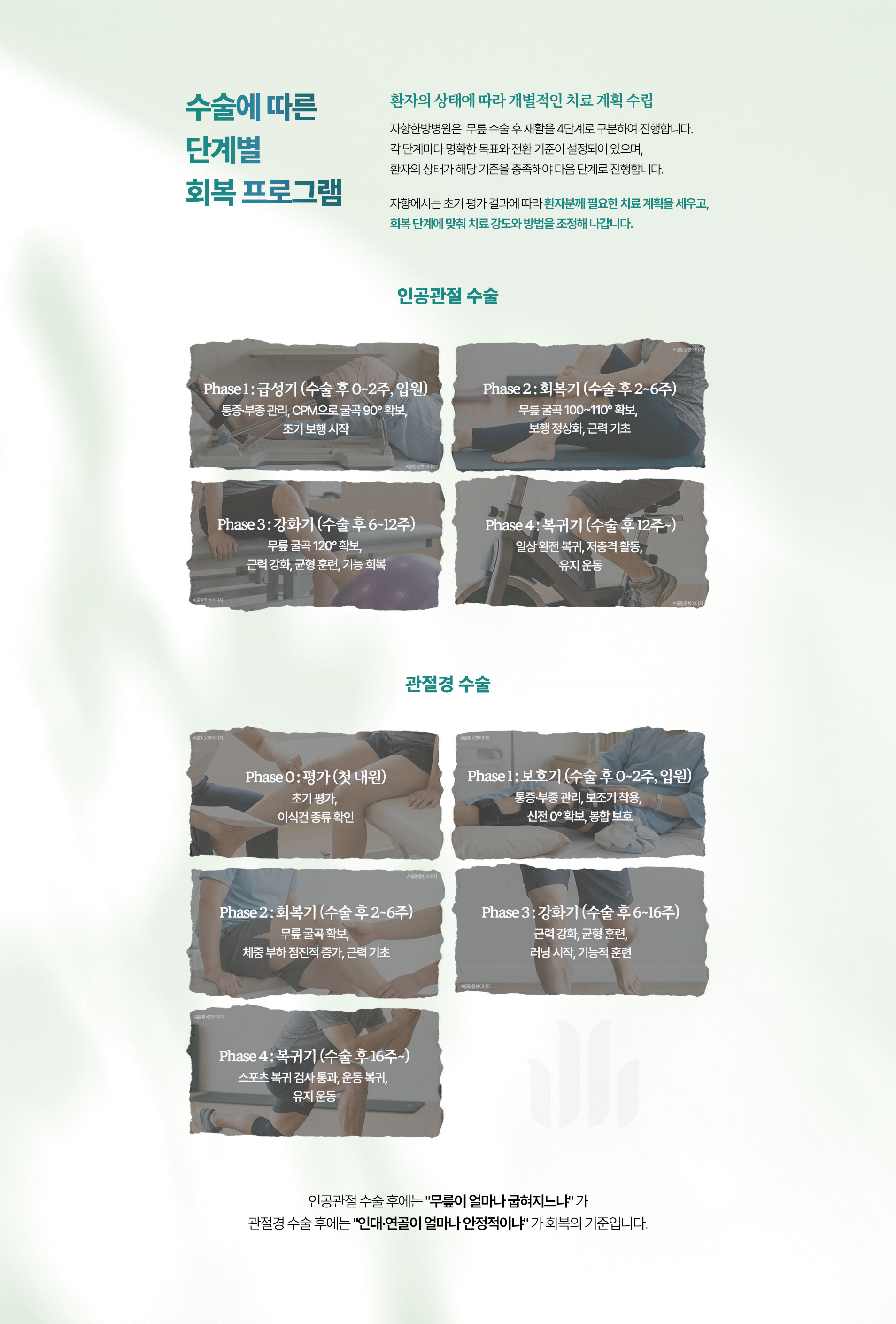 환자의 상태나 증상에 따라 개별적인 치료 계획을 수립하고 회복 단계에 맞춰 치료 강도와 방법을 조정해 나갑니다.
