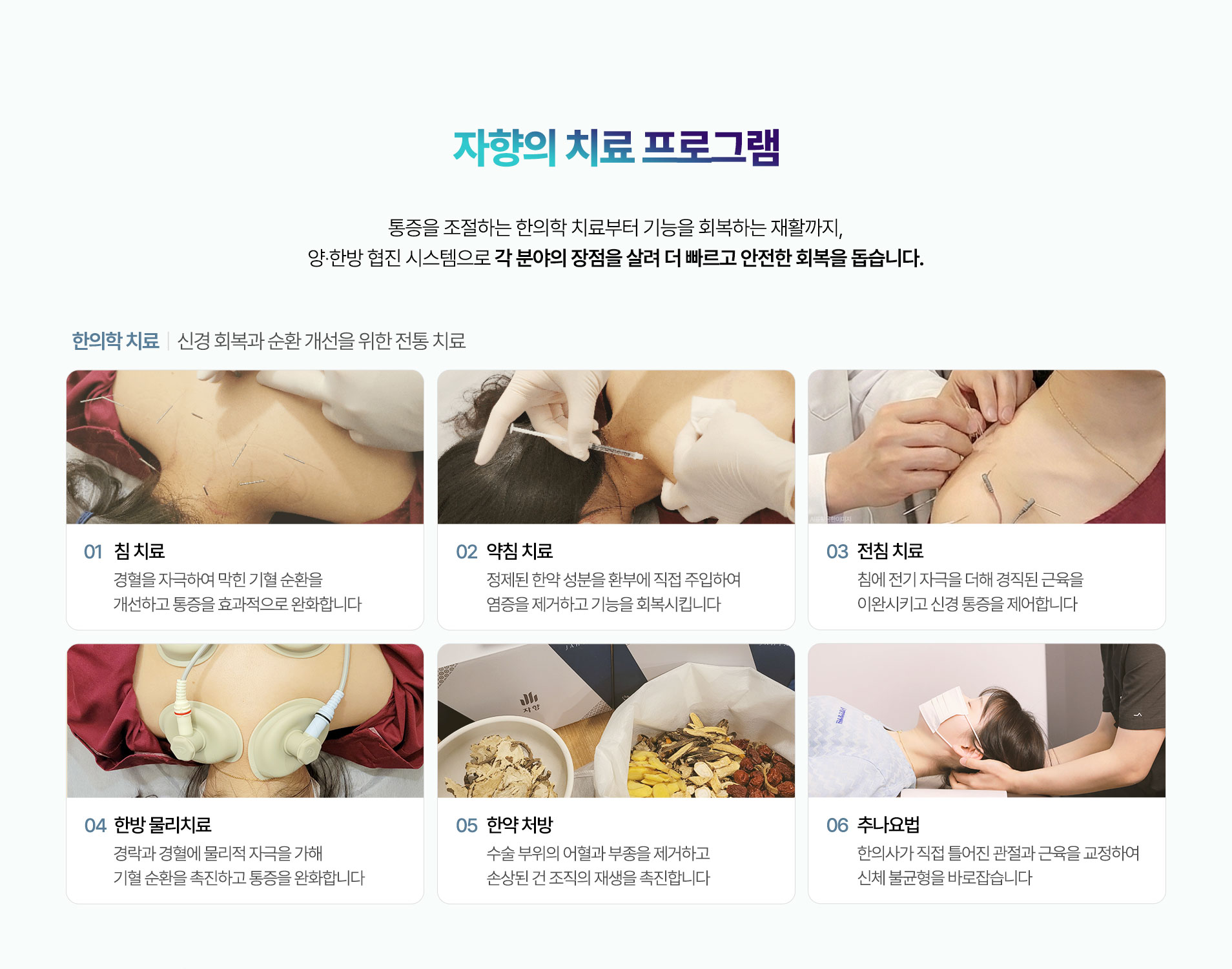 신경 회복과 순환 개선을 위한 전통 치료. 침 치료, 약침 치료, 전침 치료, 한방 물리치료, 한약 처방, 추나요법