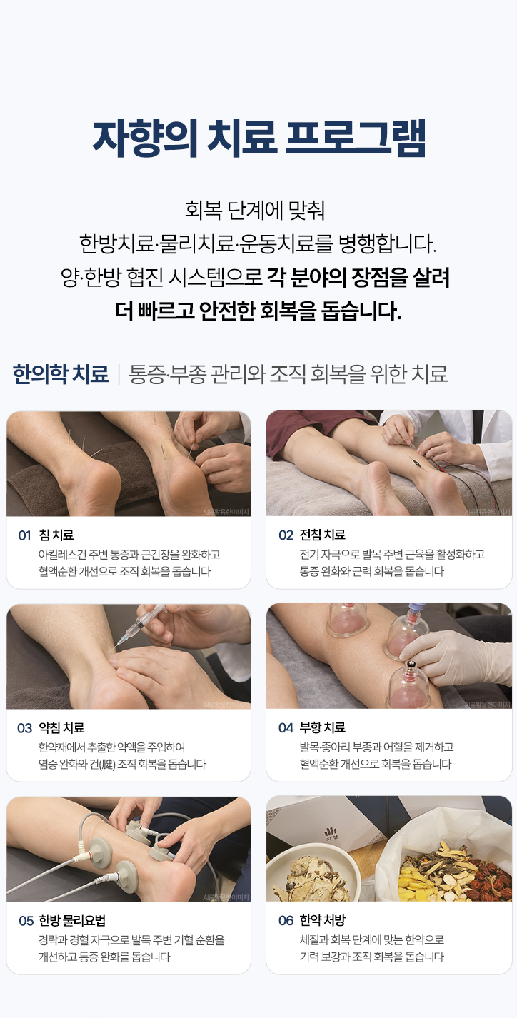자향의 치료 프로그램 한의학 치료. 침 치료, 전침 치료, 약침 치료, 부항 치료, 한방 물리요법, 한약 처방