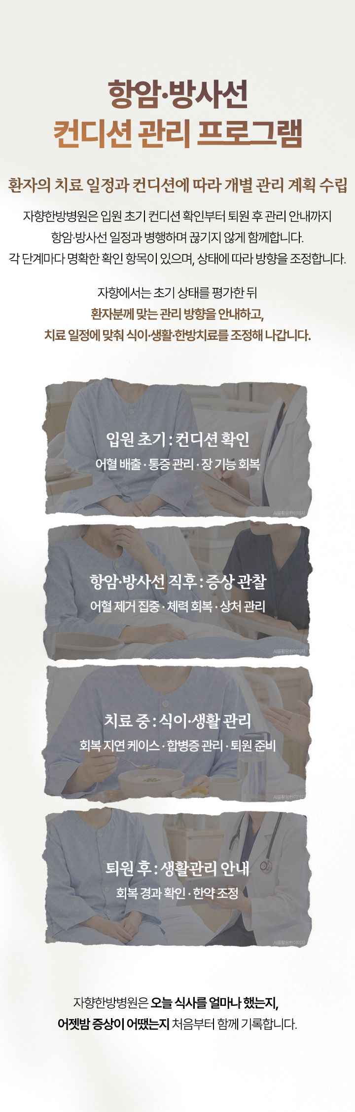 항암·방사선 컨디션 관리 프로그램 네 단계. 입원 초기 컨디션 확인, 항암·방사선 직후 증상 관찰, 치료 중 식이·생활 관리, 퇴원 후 생활관리 안내