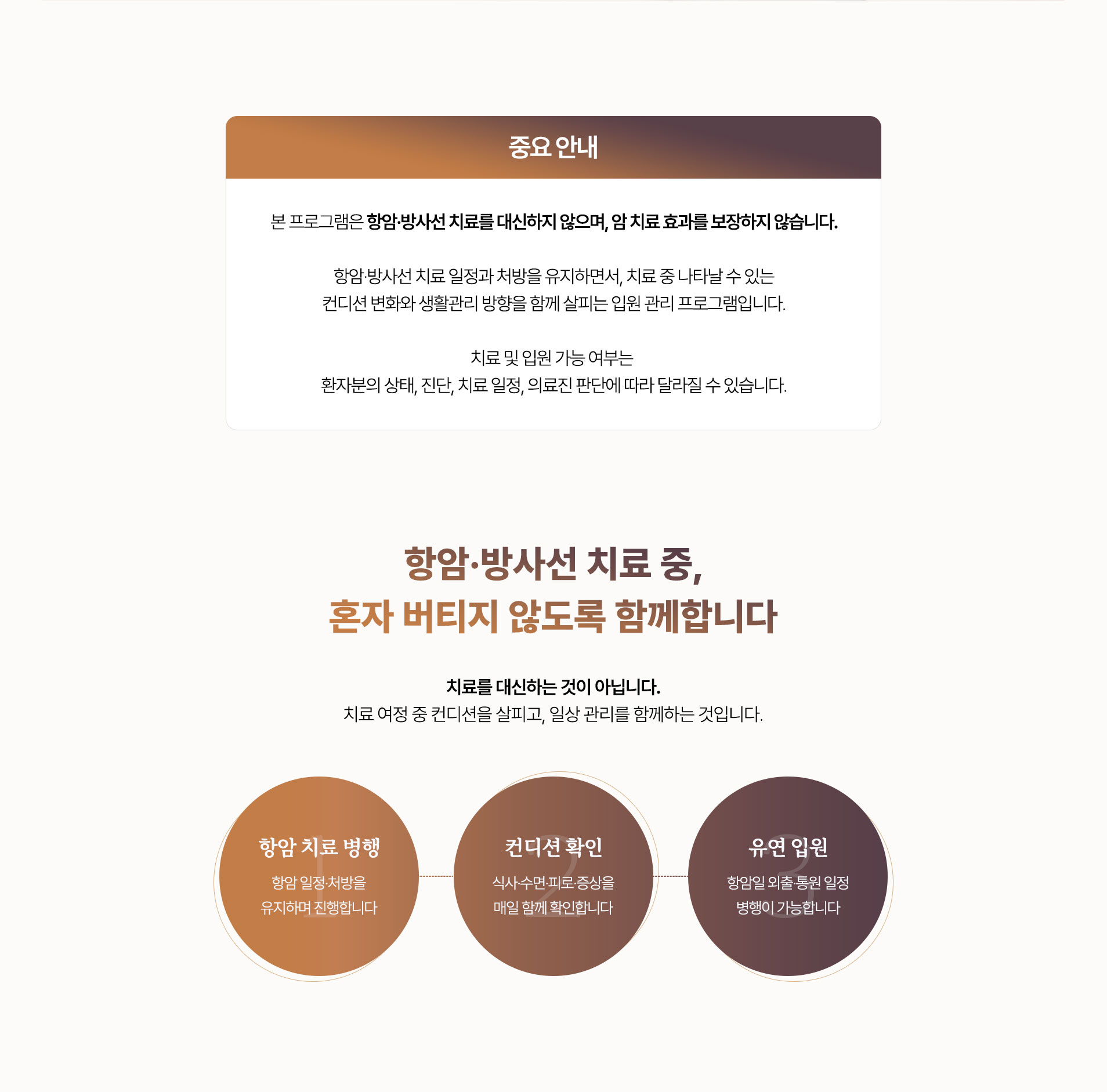 중요 안내. 본 프로그램은 항암·방사선 치료를 대신하지 않으며 암 치료 효과를 보장하지 않습니다. 항암 치료 병행, 컨디션 확인, 유연 입원