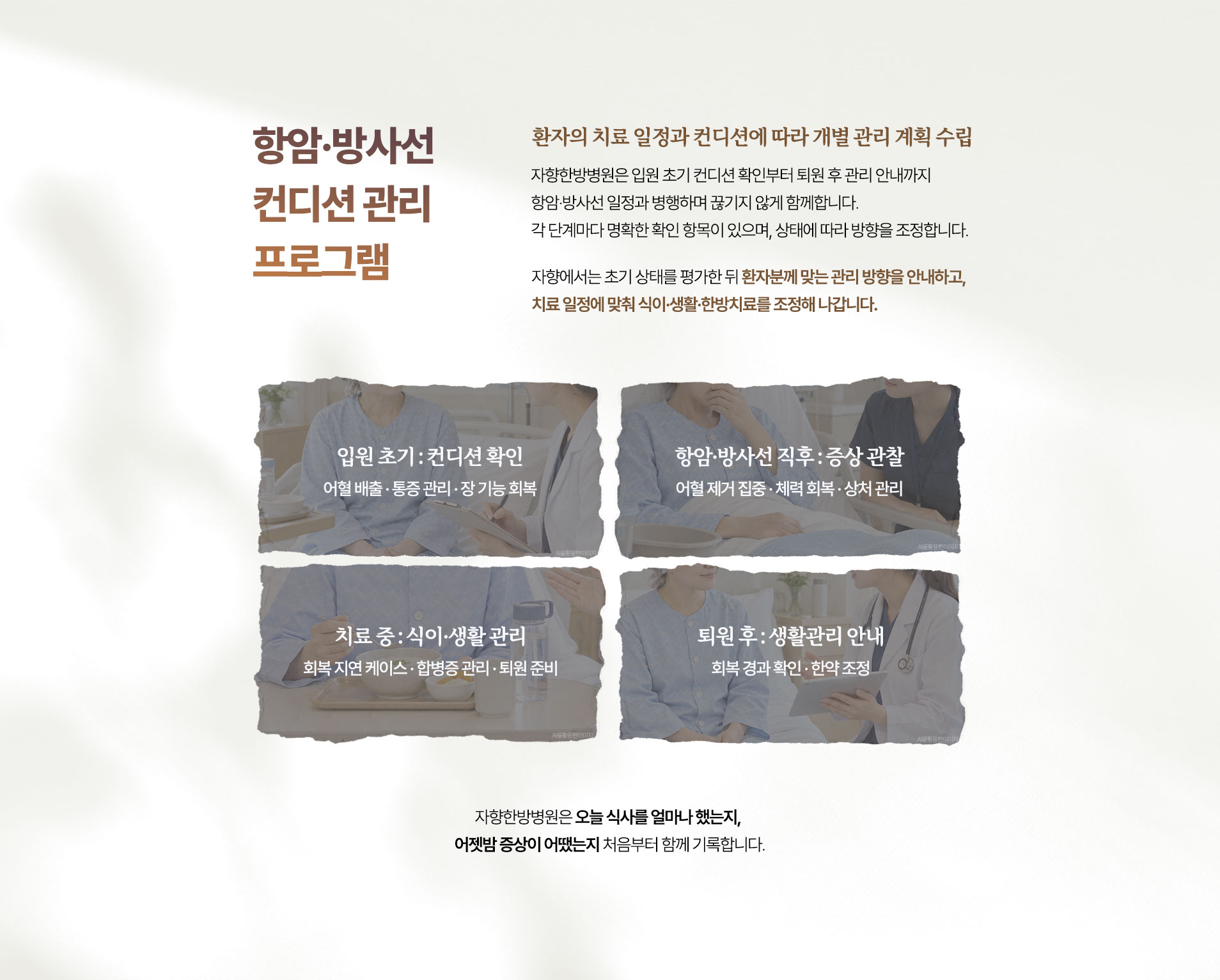 항암·방사선 컨디션 관리 프로그램 네 단계. 입원 초기 컨디션 확인, 항암·방사선 직후 증상 관찰, 치료 중 식이·생활 관리, 퇴원 후 생활관리 안내