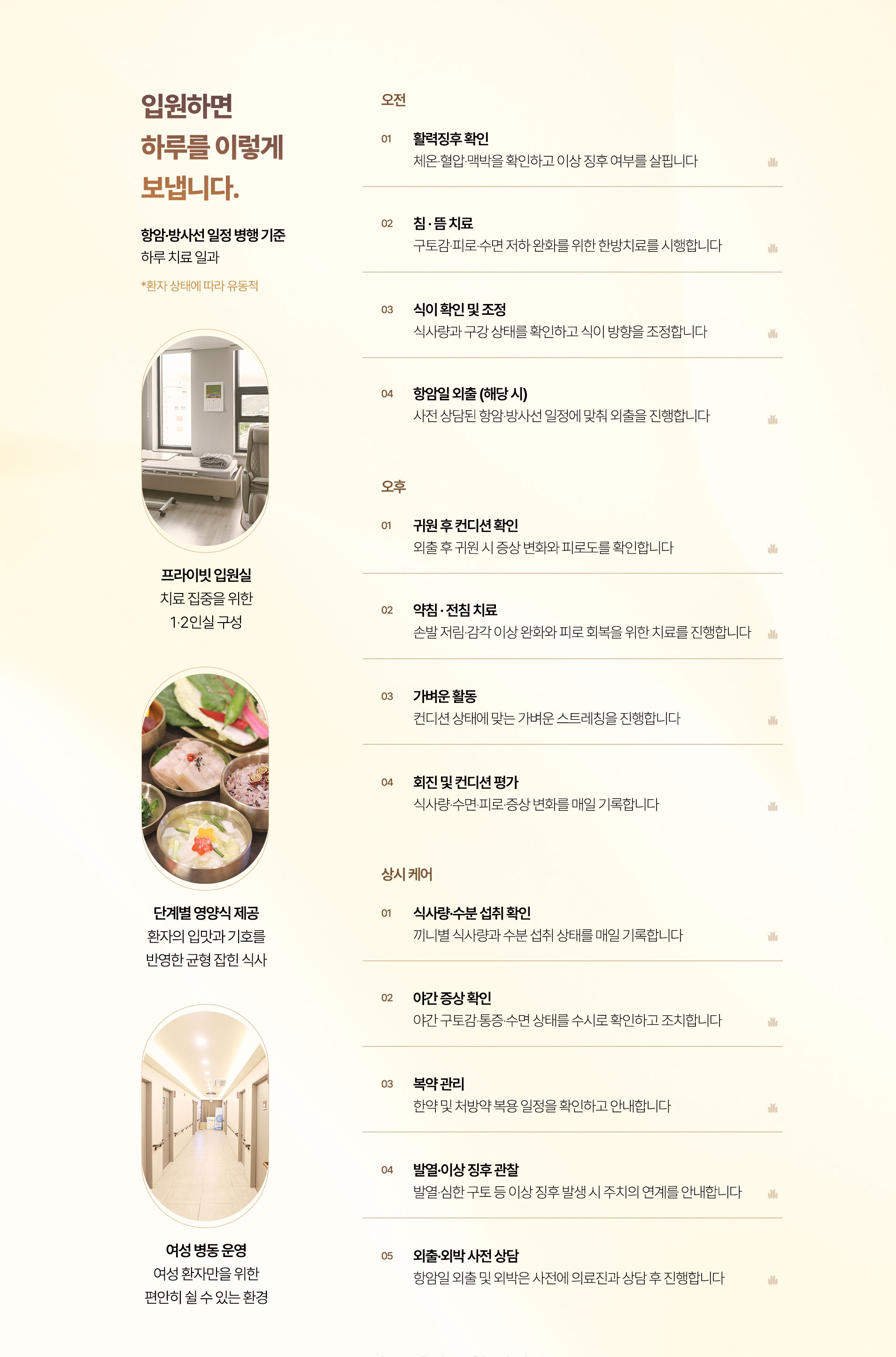 입원 하루 일과. 활력징후 확인, 침과 뜸 치료, 식이 확인과 조정, 항암일 외출, 귀원 후 컨디션 확인, 약침과 전침 치료, 가벼운 활동, 회진과 컨디션 평가, 야간 증상 확인, 복약 관리