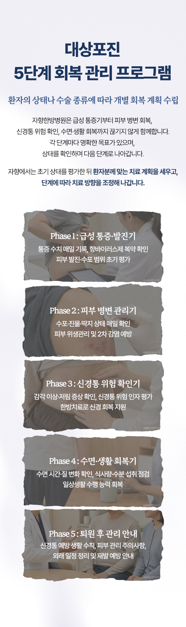 대상포진 5단계 회복 관리 프로그램. 급성 통증·발진기, 피부 병변 관리기, 신경통 위험 확인기, 수면·생활 회복기, 퇴원 후 관리 안내